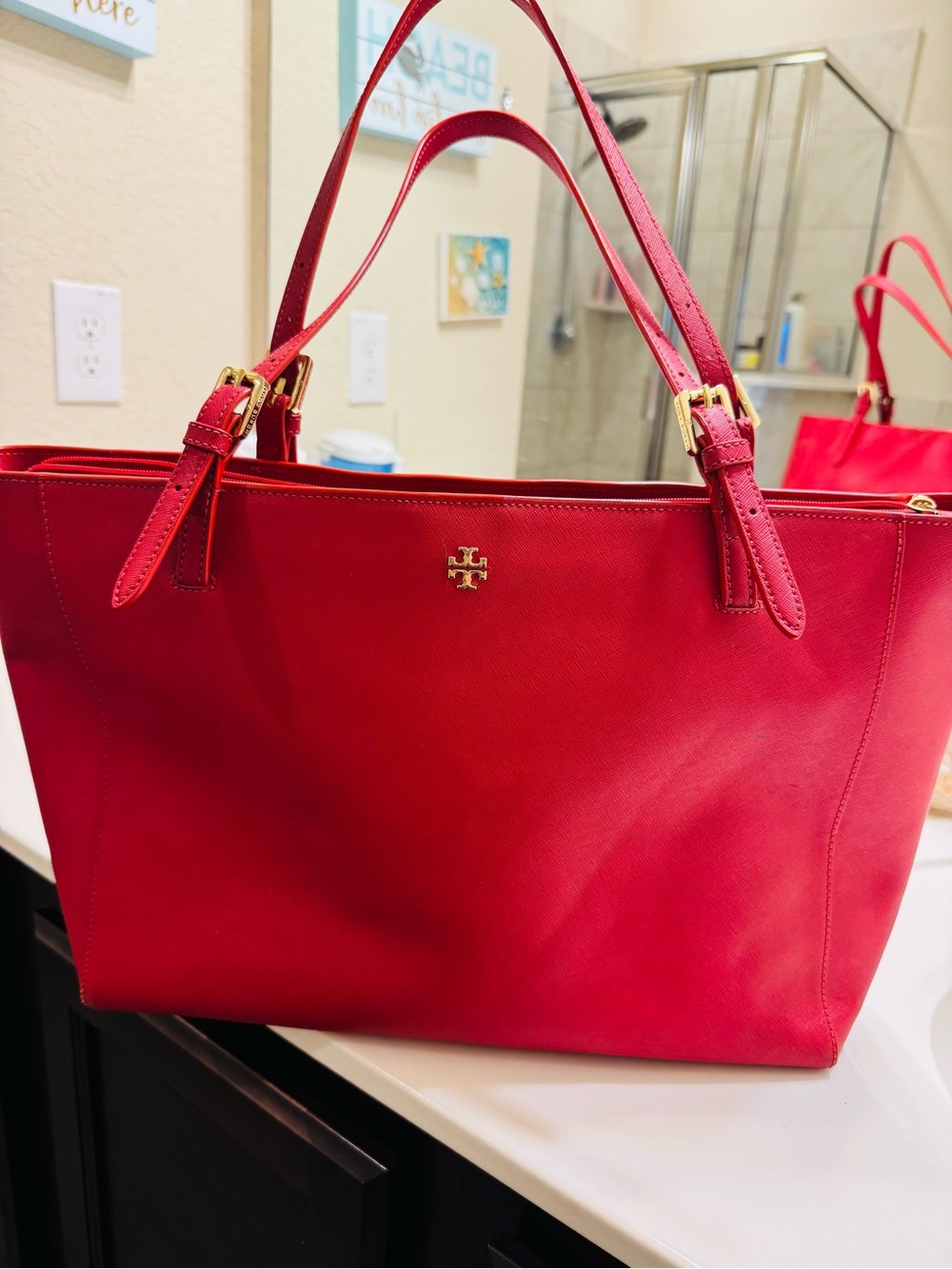 Tory Burch Bright Red Leather Tote with Gold Hardware
